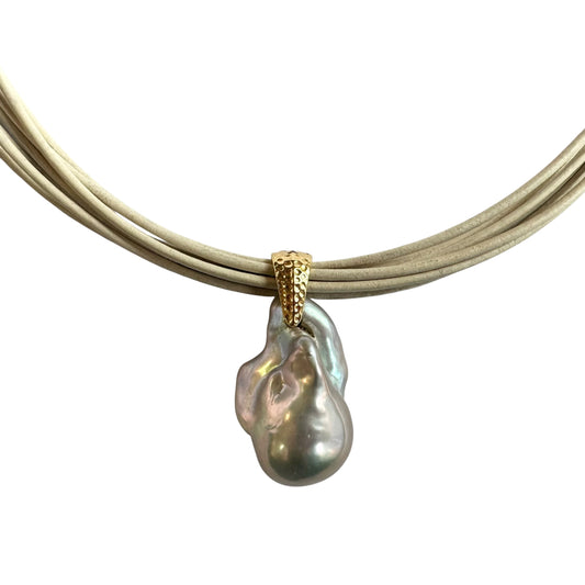 Necklace - Baroque Pearl on Beige Multi Leather