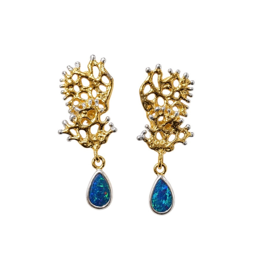 Earrings - Fragments Small, Yellow Gold Finish with Silver Accents and Australian Doublet Opal