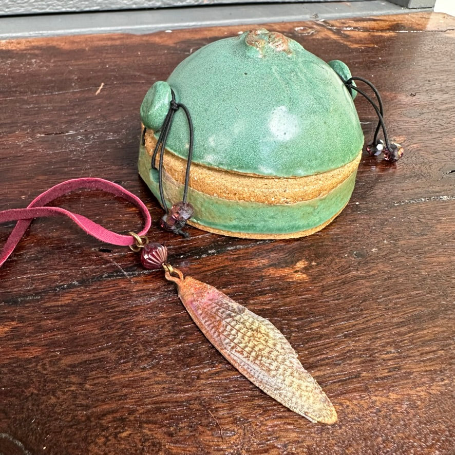 Winged Coppered Cicada on Pink Suede Lace, includes Ceramic Case