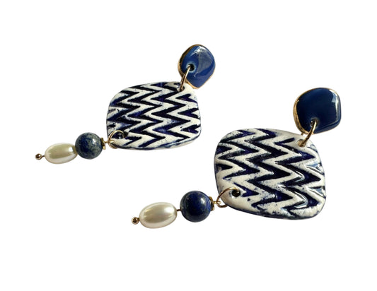 Earrings - Handmade Porcelain Blue Diamond Shape
