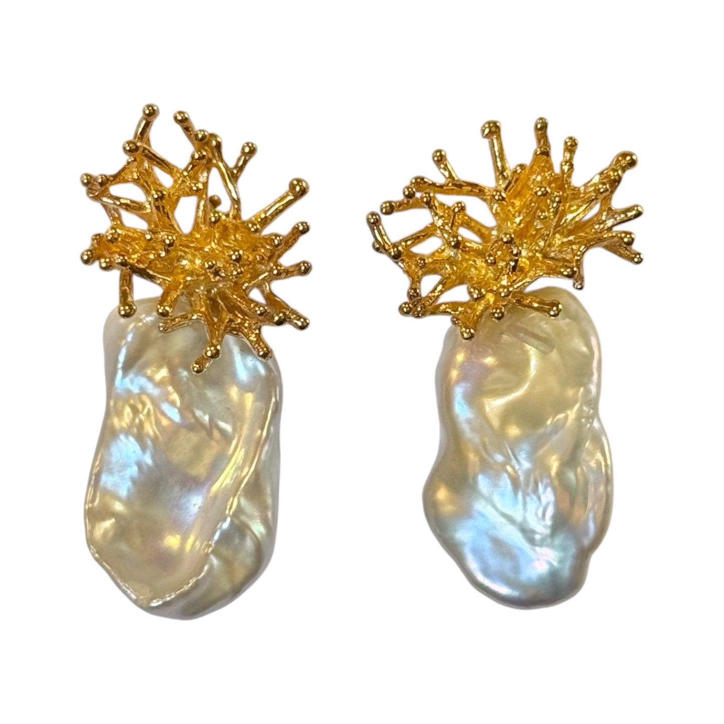 Earrings - Anemone, Large Baroque Pearl with Yellow Gold Finish