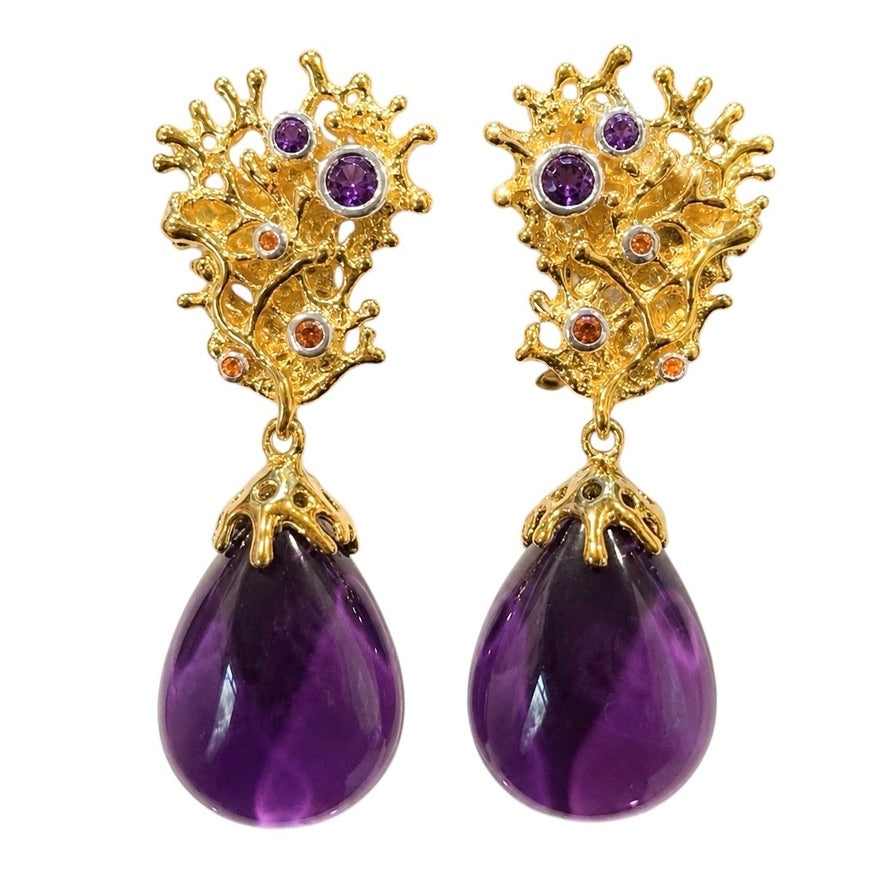 Earrings - Fragments Large, Yellow Gold Finish with Silver Accents, Amethyst and Orange Sapphire