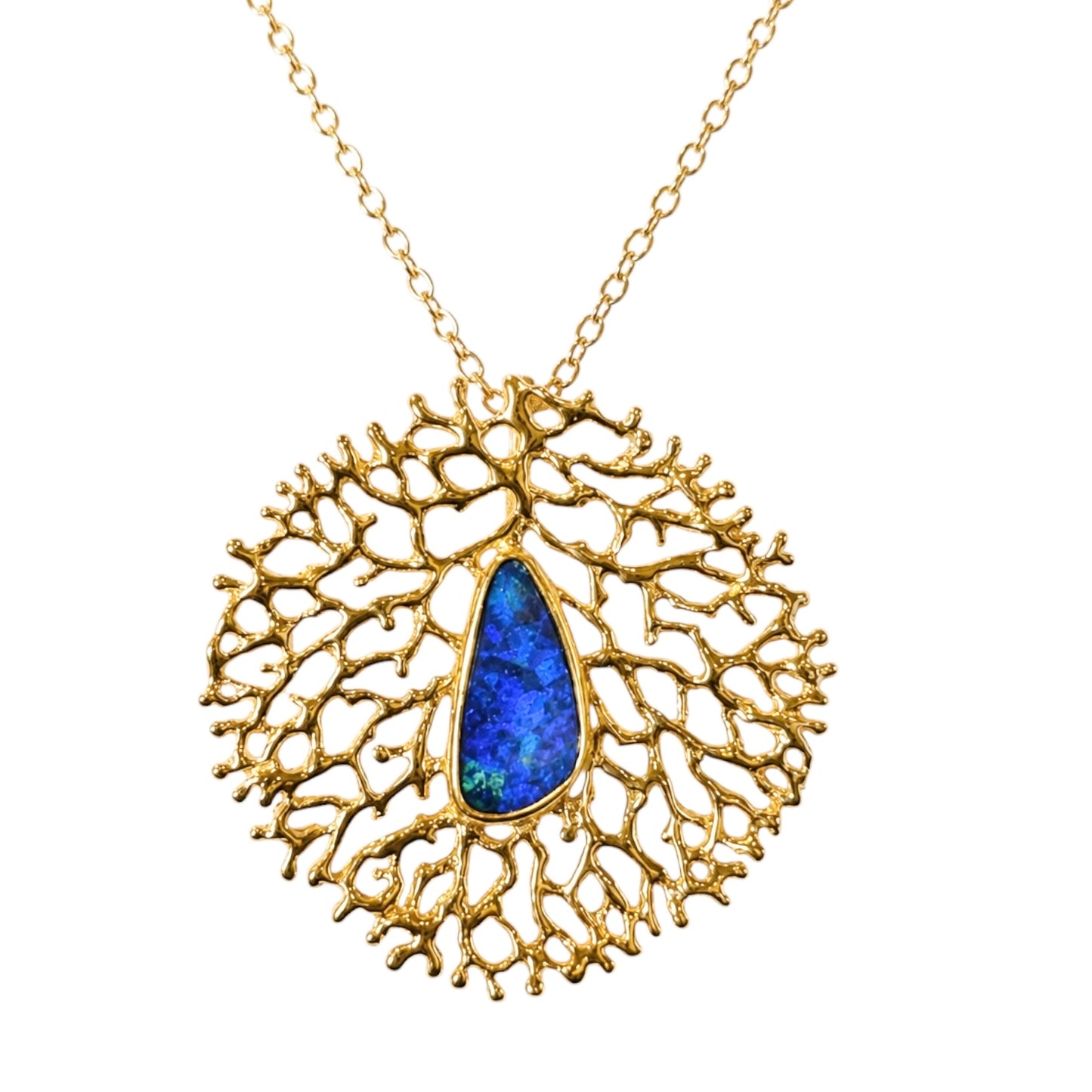 Pendant - Fan of the Sea, Large Yellow Gold Finish with Australian Doublet Opal