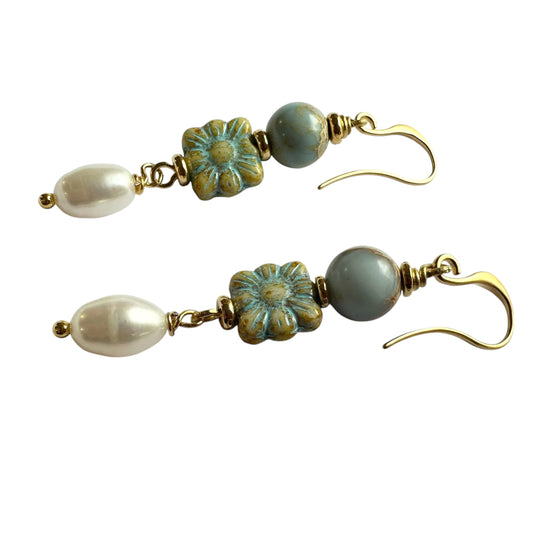 Earrings - Freshwater Pearls (Oval) with Chez Glass Beads