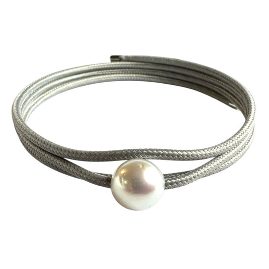 Bracelet - Australian South Sea Pearl 9-10 mm Stainless Steel Magnetic Wrap, Grey/Silver Ends