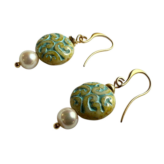 Earrings - Freshwater Pearls with Round Green Chez Glass Bead