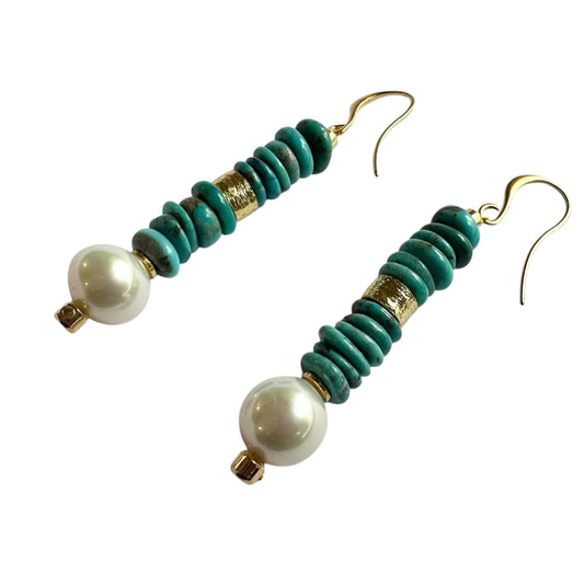 Earrings Freshwater Pearls and Natural Turquoise Stack
