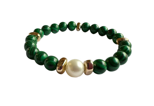 Bracelet - 10mm South Sea Pearl with Malachite Stone Beads, 24ct Gold Filled