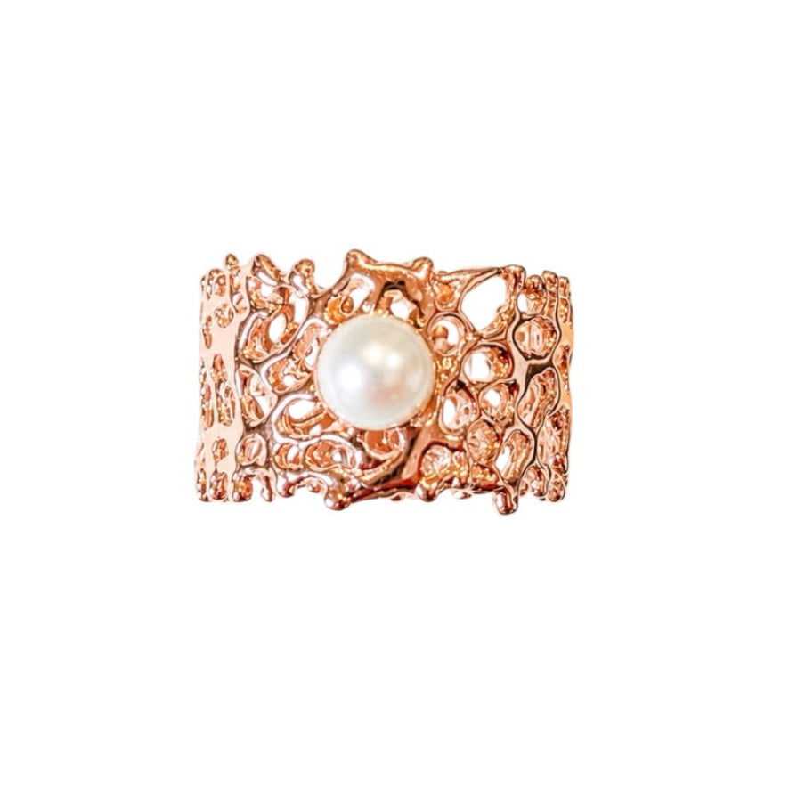 Ring - Fan of the Sea, Rose Gold Finish with White Pearl
