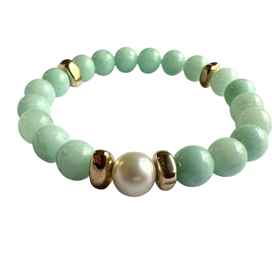Bracelet - 10mm South Sea Pearl with Amazonite Stone Beads, 24ct Gold Filled