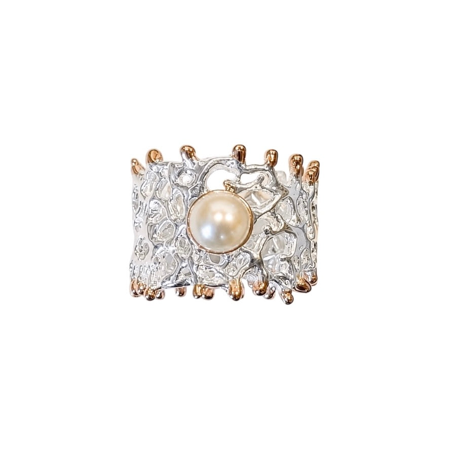 Ring - Fan of the Sea, Silver with Rose Gold Accents and White Pearl