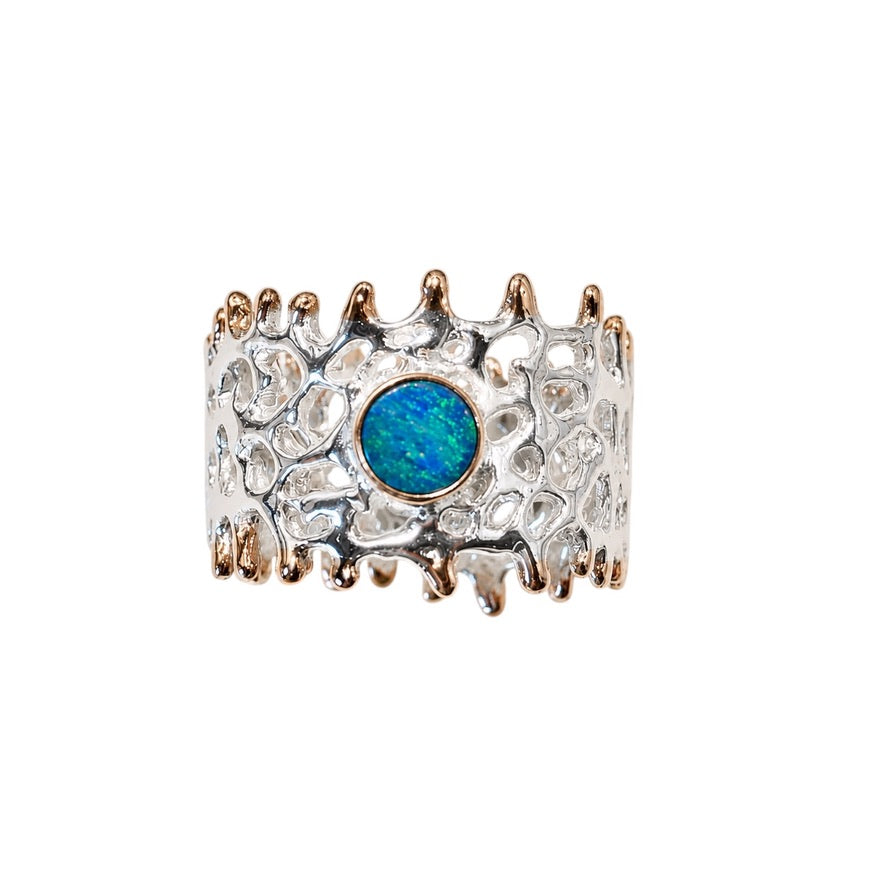 Ring - Fan of the Sea, Silver with Rose Gold Accents and Australian Doublet Opal