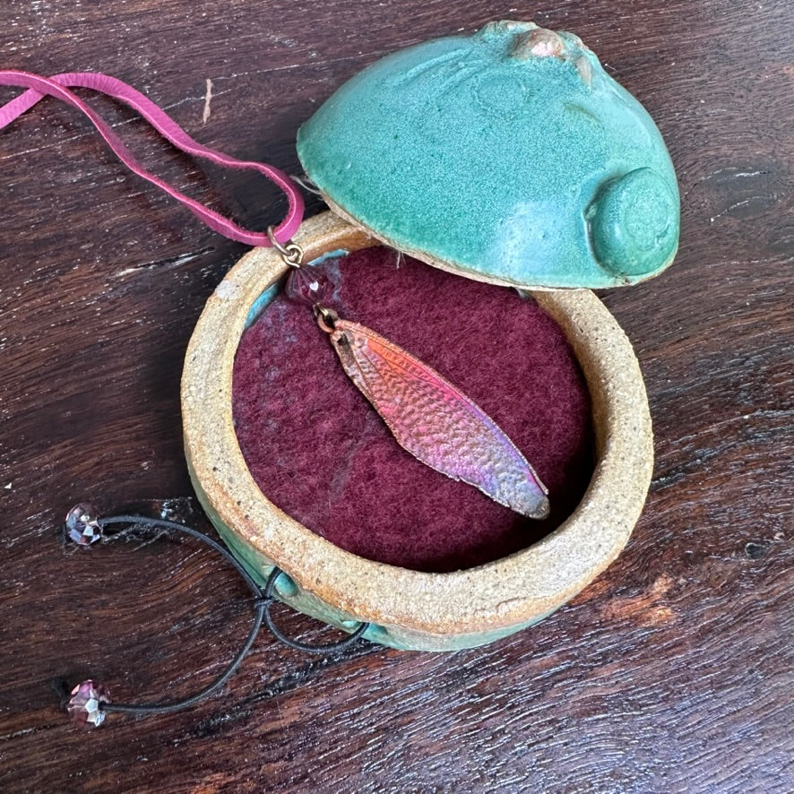 Winged Coppered Cicada on Pink Suede Lace, includes Ceramic Case
