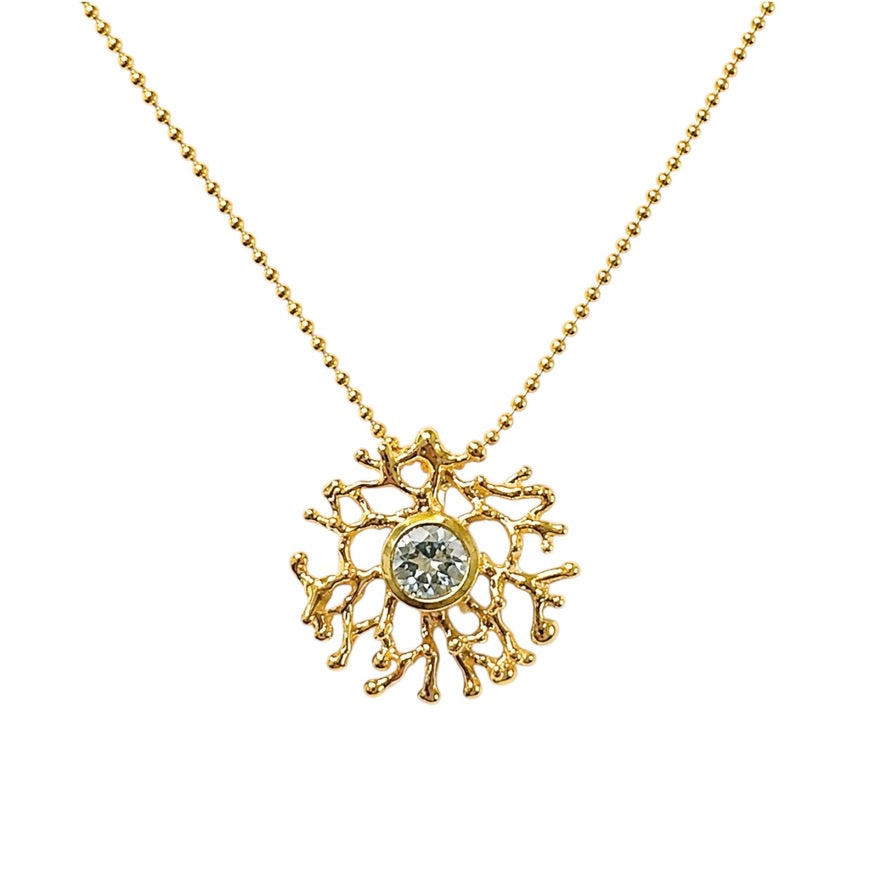Pendant - Fan of the Sea, Small Yellow Gold Finish and Blue Topaz