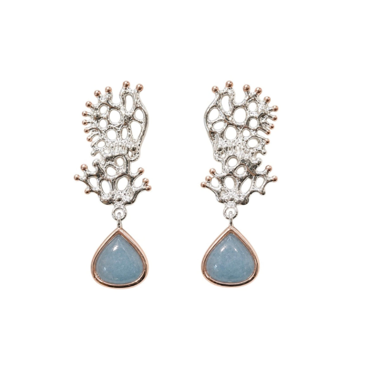 Earrings - Fragments Small, Silver with Rose Gold Accents and Aquamarine Teardrop
