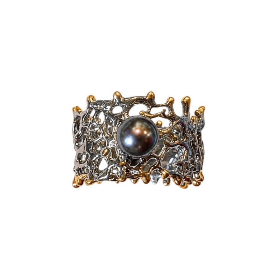 Ring - Fan of the Sea, Rhodium with Yellow Gold Accents and Black Pearl