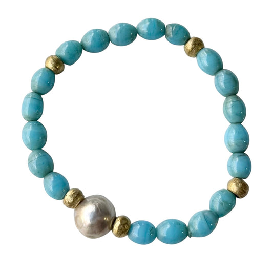 Bracelet - Blue Java Glass and Freshwater Pearl