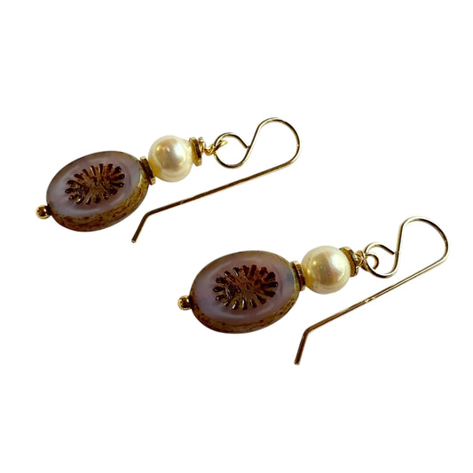 Earrings - Freshwater Pearls with Lilac Chez Glass, 18ct Gold Filled Findings