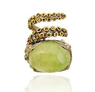 Ring - Octopus, Rhodium, Yellow Gold Accents and Prehnite