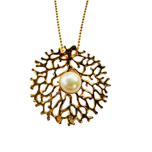 Pendant - Fan of the Sea Medium with Gold Finish and Freshwater Pearl