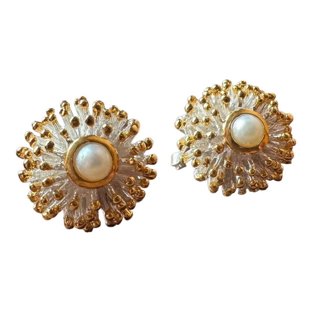 Earrings - Anemone Large Studs with White Pearl and Yellow Gold