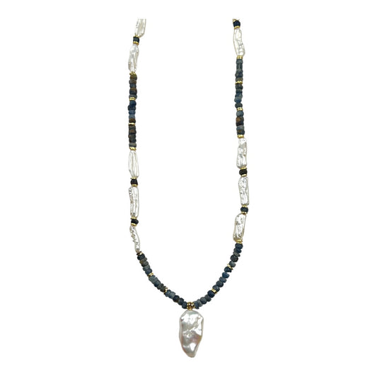 Necklace - Freshwater Keshi Biwa Pearls, Natural Blue Sapphires