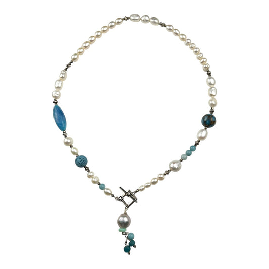 Necklace - Freshwater Keshi and Coin Pearls with Blue Gem Stone Beads