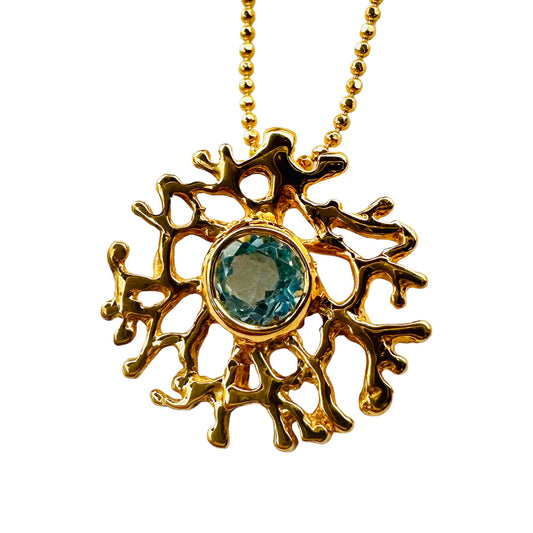 Pendant - Fan of the Sea with Yellow Gold Finish and  Blue Topaz