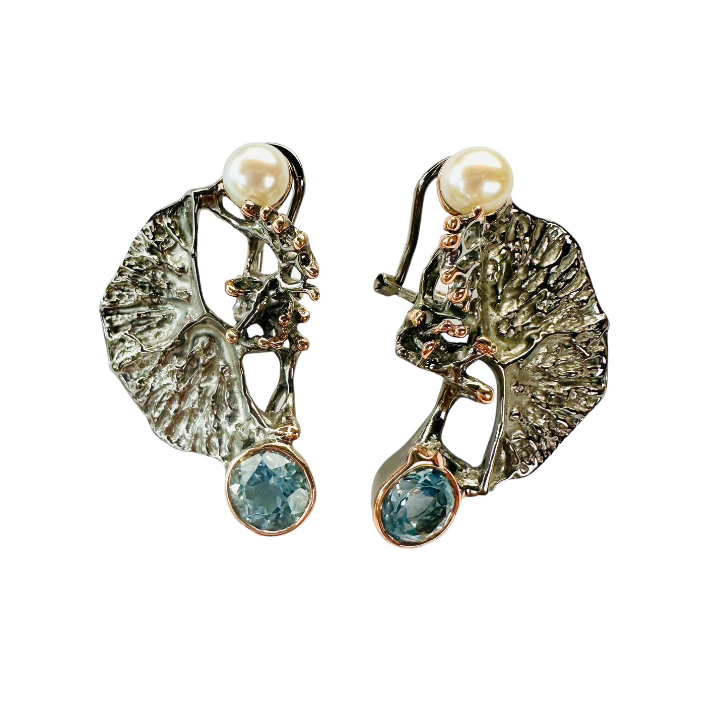 Earrings - Coral Garden Drops in Black with Pearls and Blue Topaz