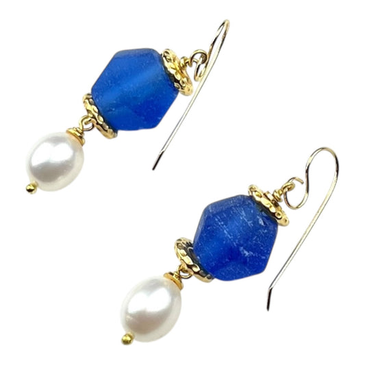 Earrings - Blue Sea Glass with Freshwater Pearls