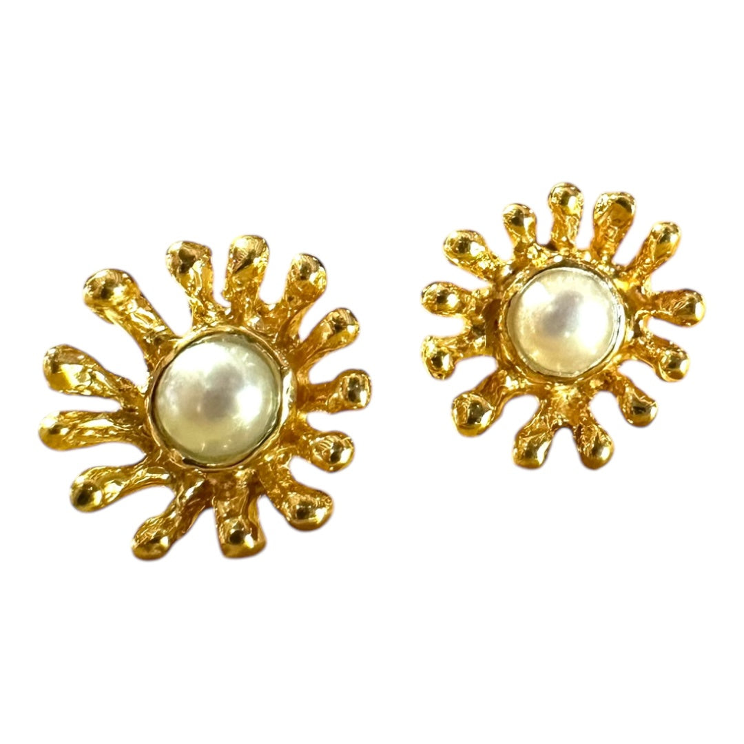Earrings - Anemone, Yellow Gold Finish with White Pearl