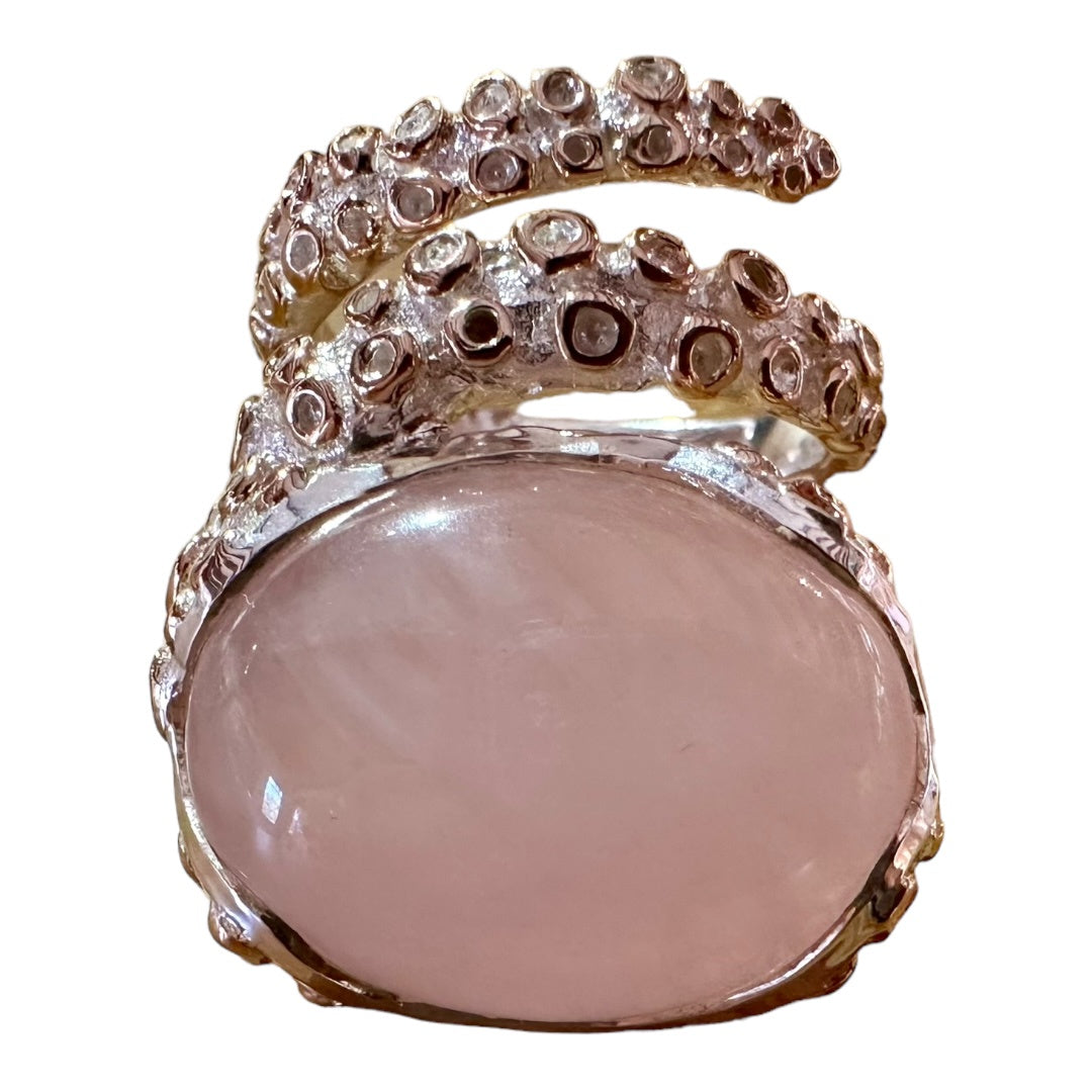 Ring - Octopus, Silver Finish Featuring Rose Quartz