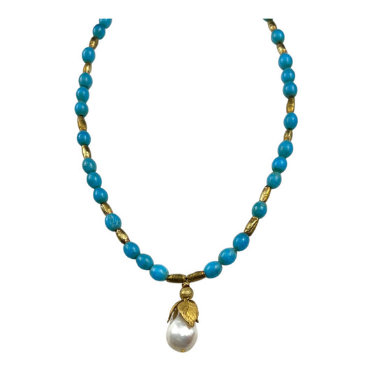 Necklace - Blue Old Java Glass Beads, Natural Brass Beads and Baroque Pearl