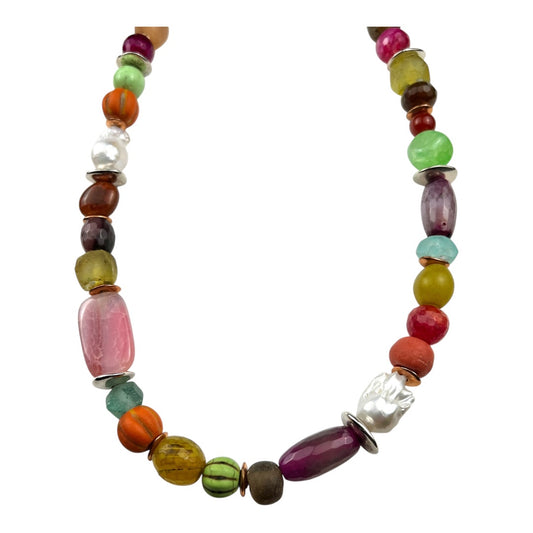 Necklace - Krobo Ghana Beads, Java Glass Beads, Baroque Pearls and Gemstone Beads