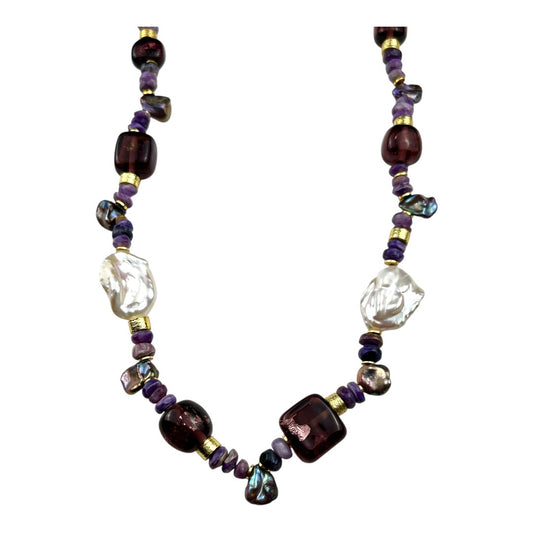 Necklace - Handmade Glass Beads, Freshwater Keshi Pearls