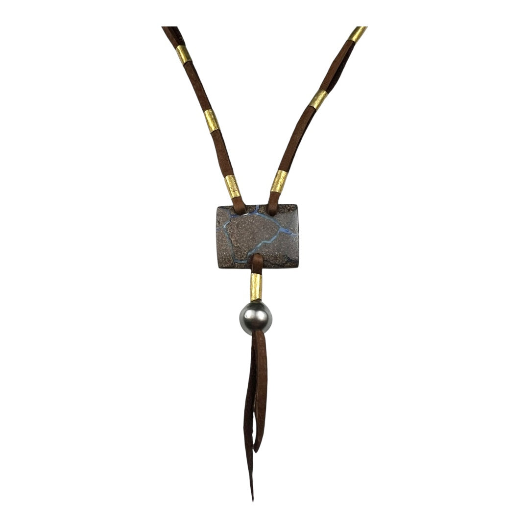 Necklace - Matrix Nut Opal from Yowah (Rectangle) with Antique Brass and Tahitian Pearl