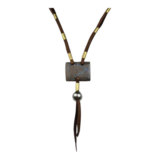 Necklace - Matrix Nut Opal from Yowah (Rectangle) with Antique Brass and Tahitian Pearl