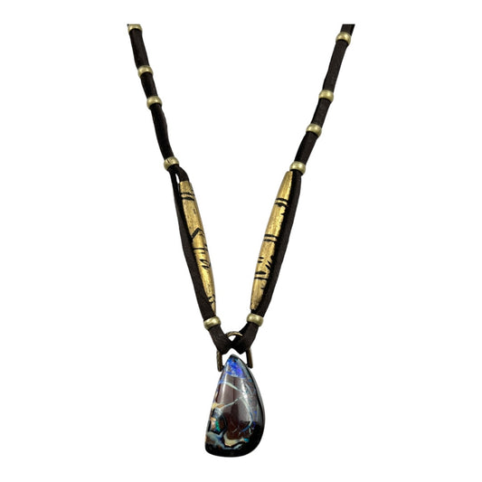 Necklace - Matrix Nut Opal from Yowah (Half Moon) with Antique Brass and Tahitian Pearl