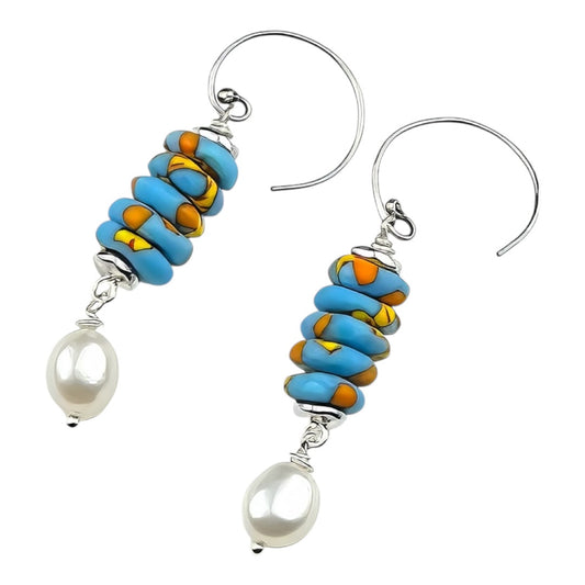 Earrings - Handmade Krobo Ghana Beads and Freshwater Keshi Pearls