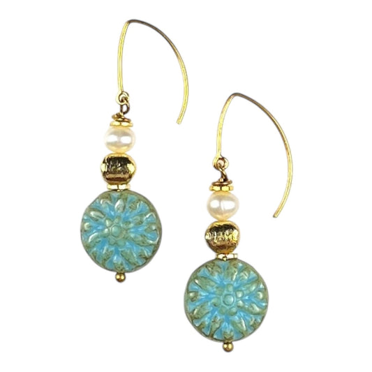 Earrings - Chez Glass Turquoise Beads and Freshwater Pearls