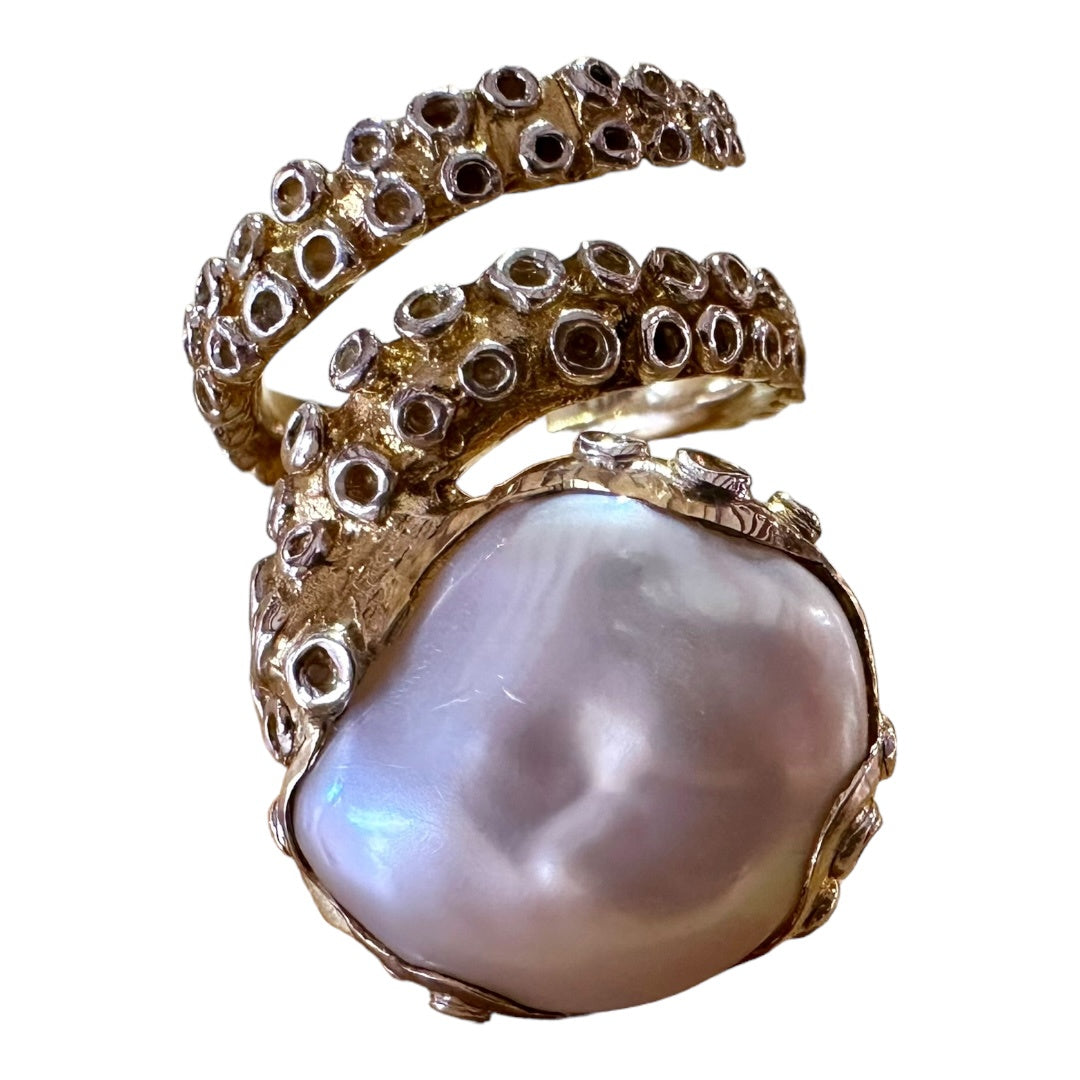 Ring - Octopus, Yellow Gold Finish Featuring Pearl