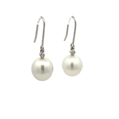 Earrings -10-11mm Australian South Sea Cultured Pearl 2 Diamonds 0.02ct, with 18kt White Gold Hooks