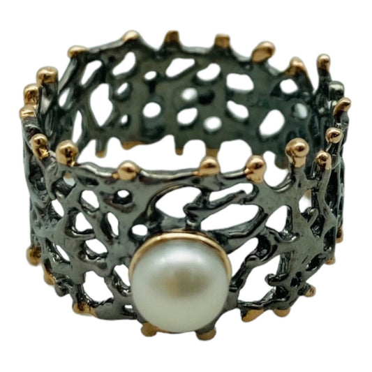 Ring - Fan of the Sea, Rhodium, White Pearl and Rose Gold Accents