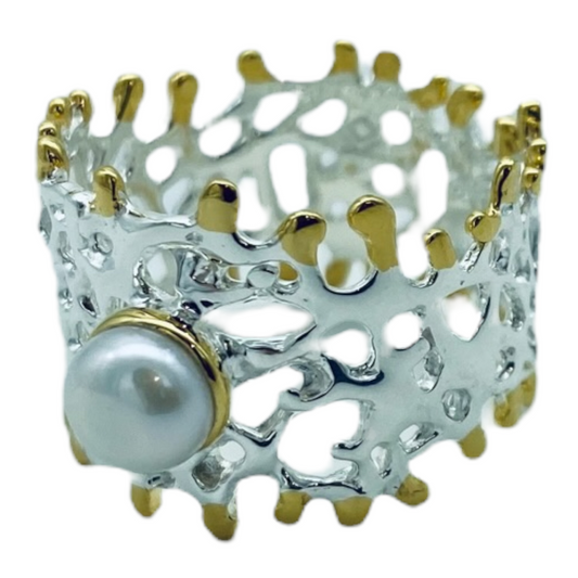 Ring - Fan of the Sea, Sterling Silver, Yellow Gold Accents, Freshwater Pearl