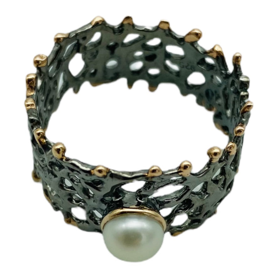 Ring - Fan of the Sea, Rhodium, White Pearl and Rose Gold Accents