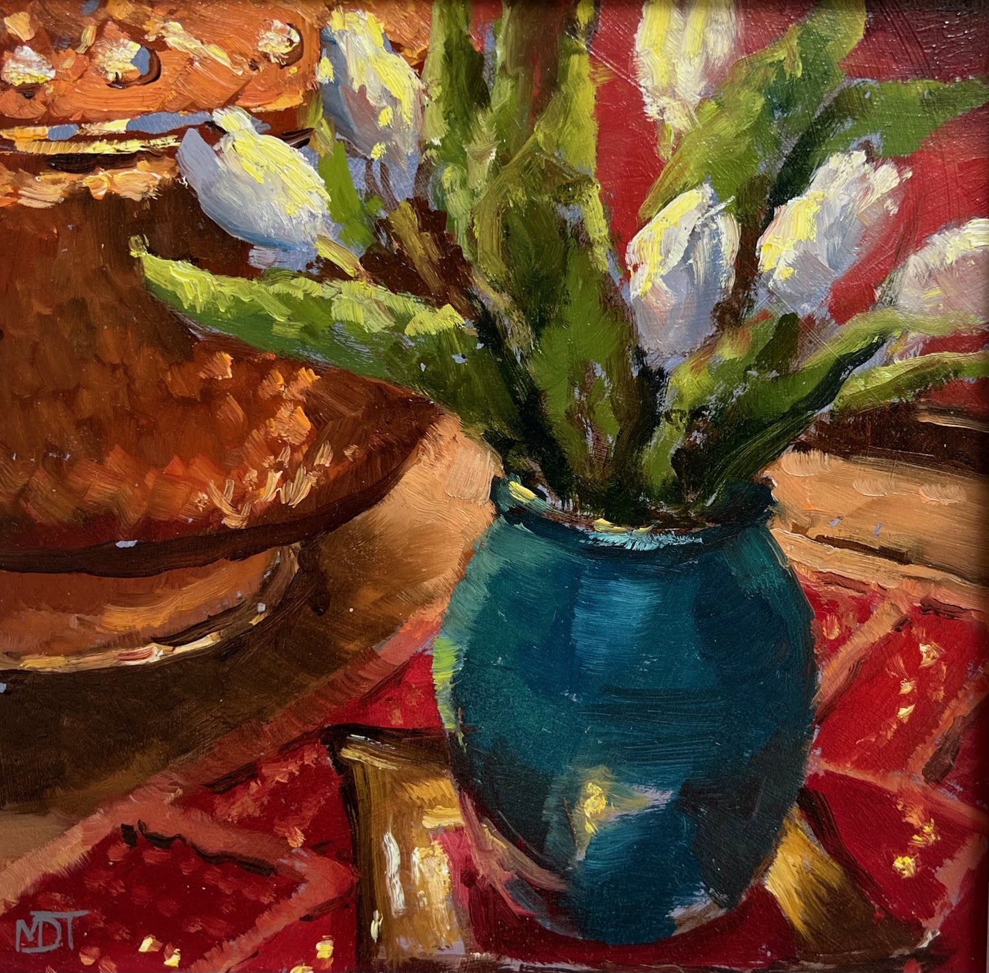 White Tulips and Brass Lamp