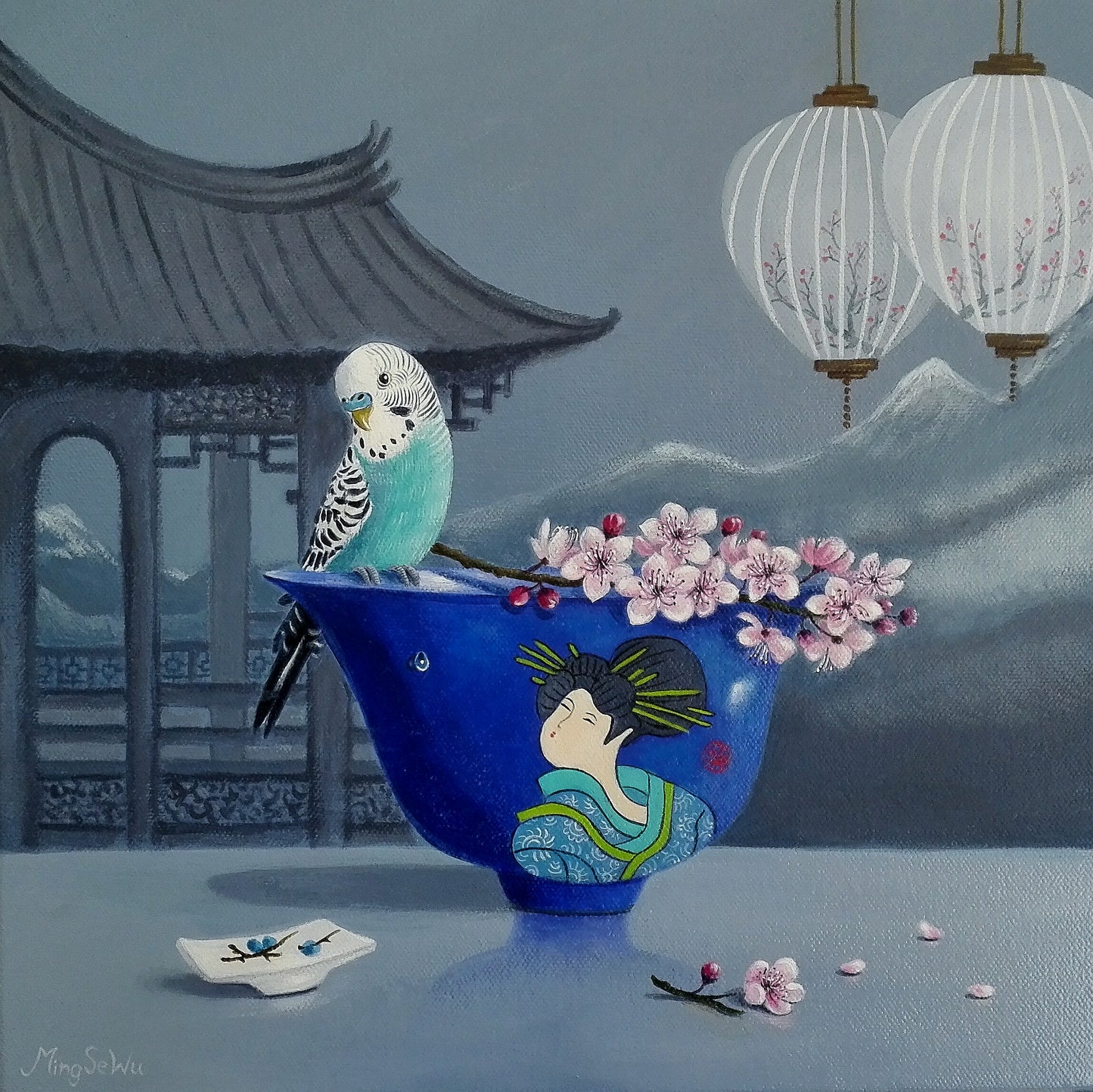 Budgie, Bowl and Blossom