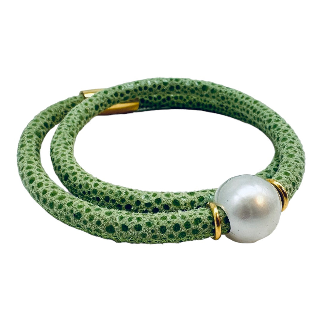 Bracelet - South Sea Pearl on Green Leather