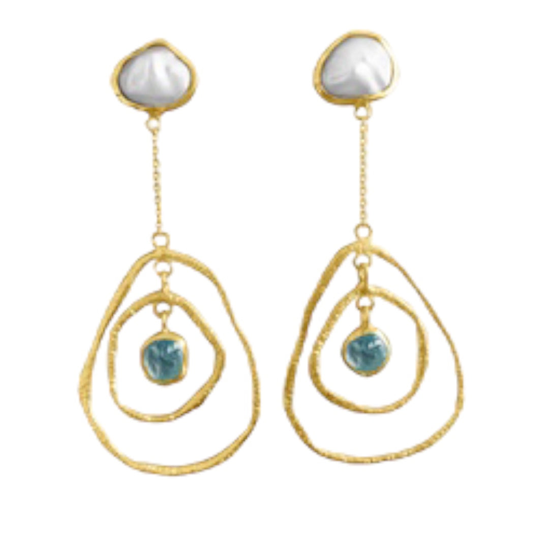 Earrings - Ripples, Aquamarine and Gold Finish