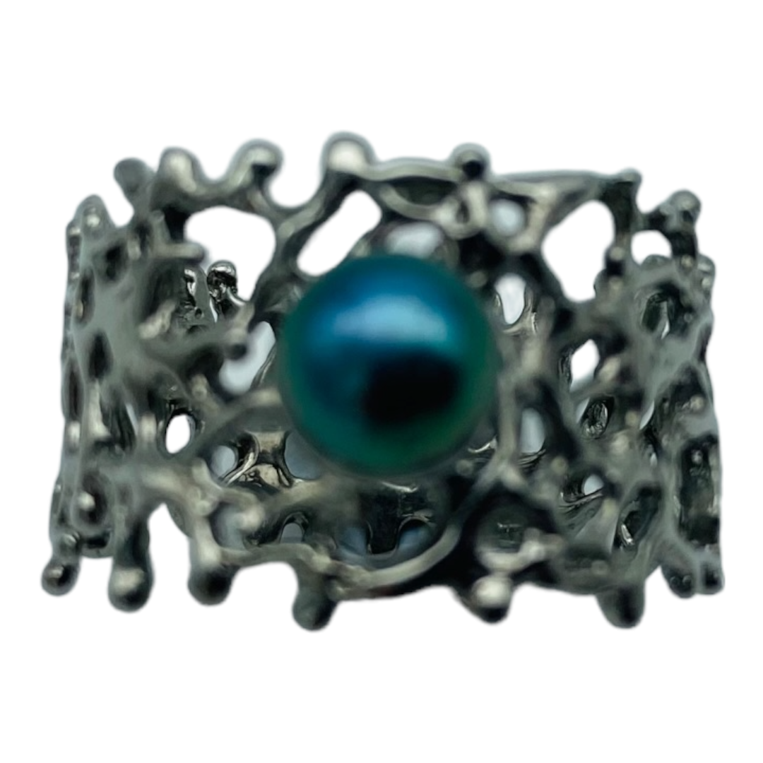 Ring, Fan of the Sea, Rhodium, Black Pearl